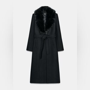 ZARA Faux Fur Collar Long Belted Coat – Black – XS (New, No Tags